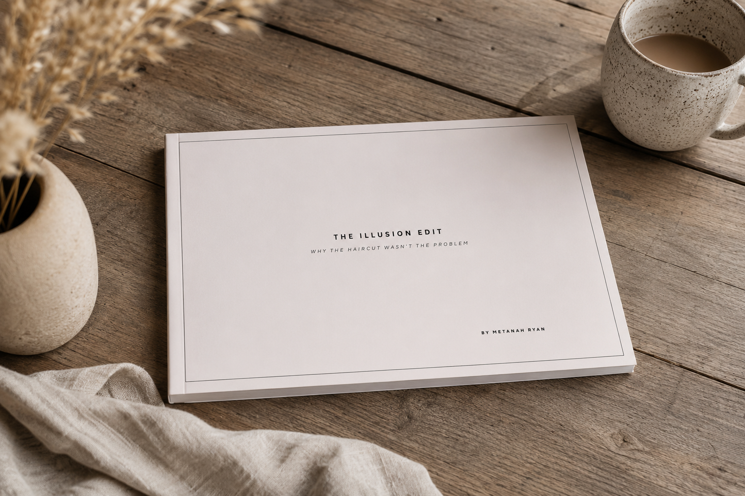The Illusion Edit — coffee table book by Metanah Ryan, styled on oak with pampas and a ceramic mug